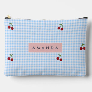 Personalisierter Retro-Blau kariert Kirschdruck Zubehörtasche