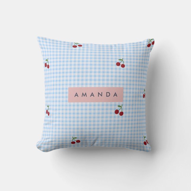 Personalisierter Retro-Blauer Gingham-Kirschen-Dru Kissen (Vorderseite)