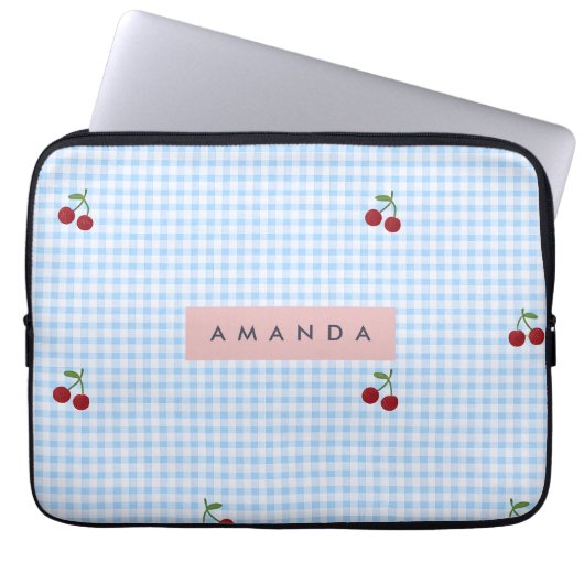 Personalisierter Retro-Blauer Gingham-Kirschen-Dru Laptopschutzhülle (Vorderseite)