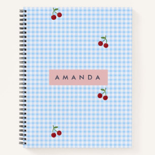 Personalisierter Retro-Blauer Gingham-Kirschen-Dru Notizblock