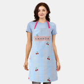 Personalisierter Retro-Blauer Gingham-Kirschen-Dru Schürze (Getragen)