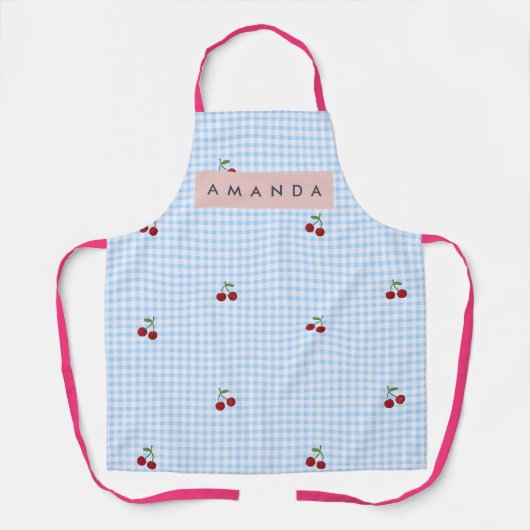 Personalisierter Retro-Blauer Gingham-Kirschen-Dru Schürze (Vorderseite)