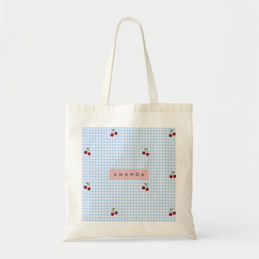 Personalisierter Retro-Blauer Gingham-Kirschen-Dru Tragetasche (Vorne)