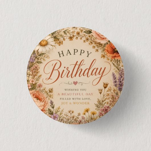 Personalisierter Retro-Blumen-Geburtstag mit Blume Button (Vorderseite)