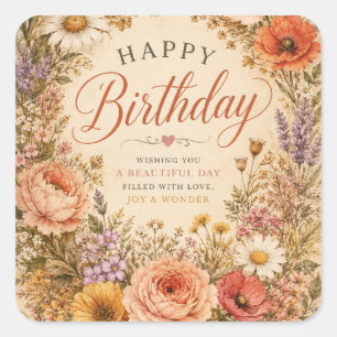 Personalisierter Retro-Blumen-Geburtstag mit Blume Quadratischer Aufkleber