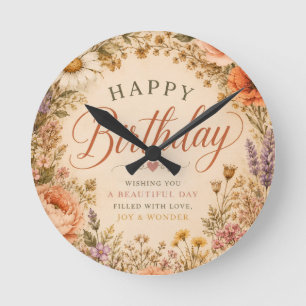 Personalisierter Retro-Blumen-Geburtstag mit Blume Runde Wanduhr