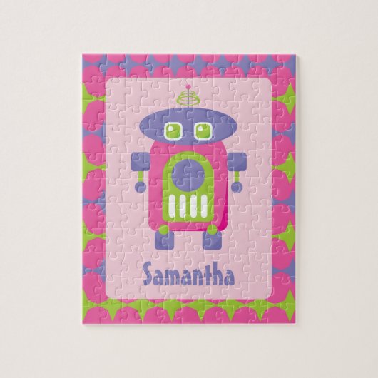 Personalisierter Retro-Rosa, Lila und grüner Robot Puzzle (Vertikal)