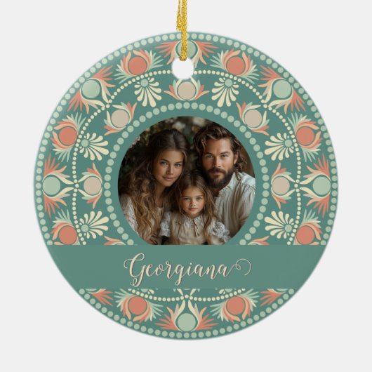 Personalisierter Retro-Sage & Sand Mandala-Foto-Ra Keramik Ornament (Hinten)