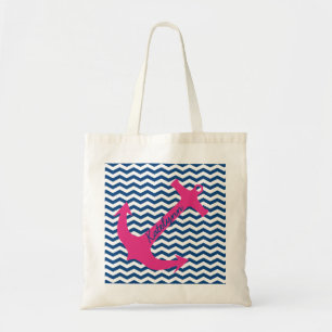 Personalisierter rosa Anker und Navy Zigzag Tote T Tragetasche