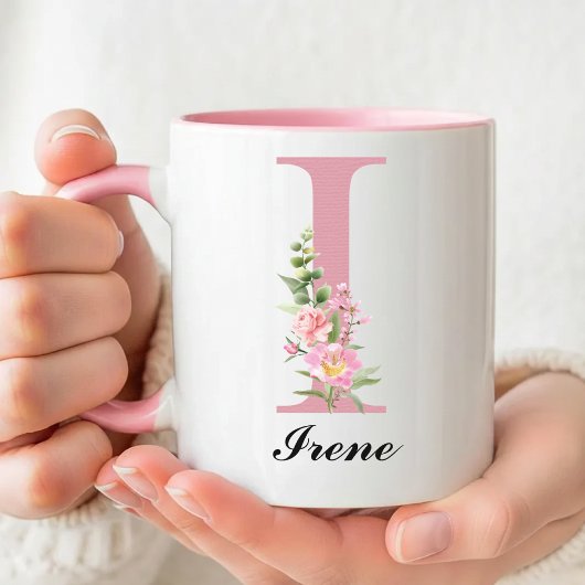 Personalisierter rosa Blumenname-Mug, Danke-Gesche Tasse