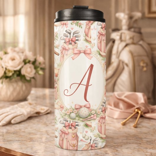 Personalisierter rosa Bogen Golf Monogramm Thermosbecher