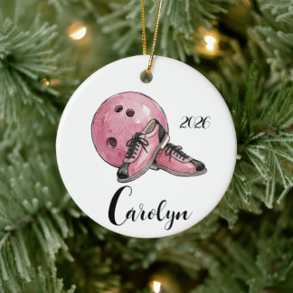 Personalisierter rosa Bowling-Weihnachten  Keramik Ornament