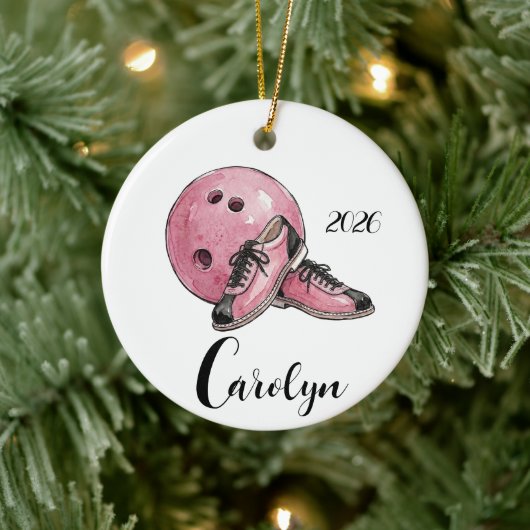 Personalisierter rosa Bowling-Weihnachten  Keramik Ornament (Baum)