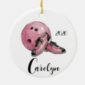 Personalisierter rosa Bowling-Weihnachten  Keramik Ornament (Hinten)