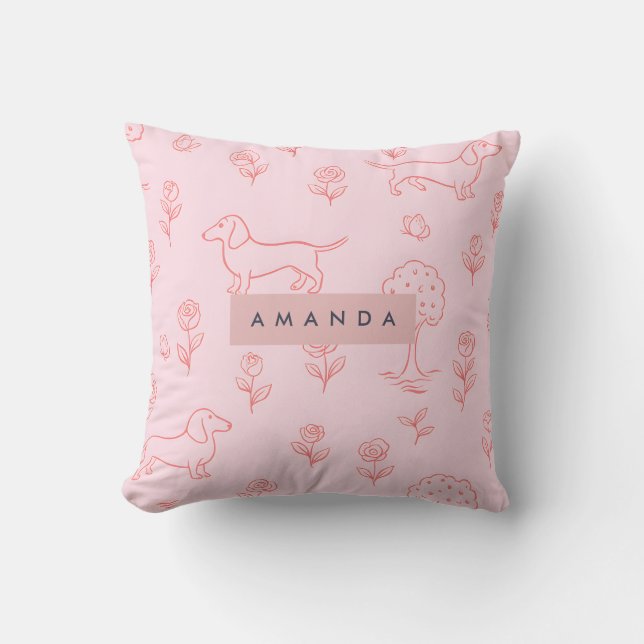 Personalisierter Rosa Dachshund und Blume Kissen (Vorderseite)