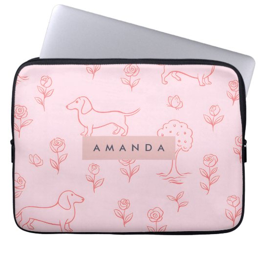 Personalisierter Rosa Dachshund und Blume Laptopschutzhülle (Vorderseite)