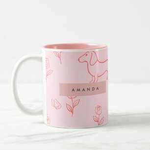 Personalisierter Rosa Dachshund und Blume Zweifarbige Tasse