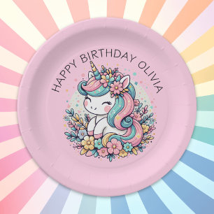 Personalisierter Rosa Einhorn Mädchen-Geburtstag Pappteller