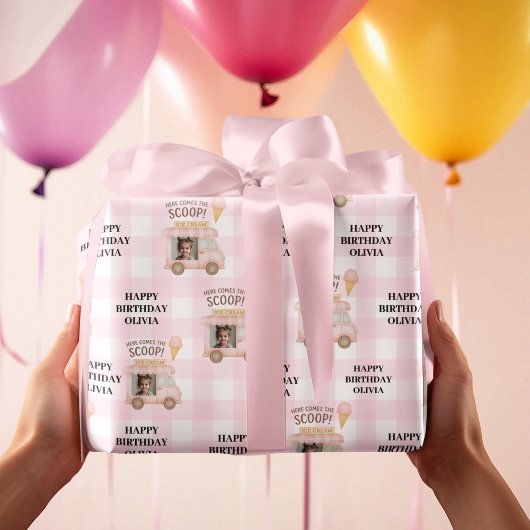 Personalisierter rosa Eiswagen-Geburtstag  Geschenkpapier