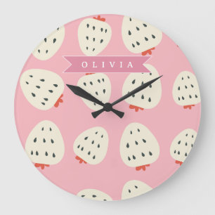 Personalisierter Rosa Erdbeeren Name Süß Mädchenha Große Wanduhr
