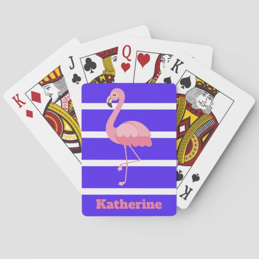 Personalisierter rosa Flamingo auf blauen Streifen Spielkarten (Rückseite)