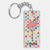 Personalisierter rosa Flamingo-bunte Polka-Punkte Schlüsselanhänger (Vorderseite links)