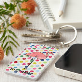 Personalisierter rosa Flamingo-bunte Polka-Punkte Schlüsselanhänger (Vorderseite rechts)