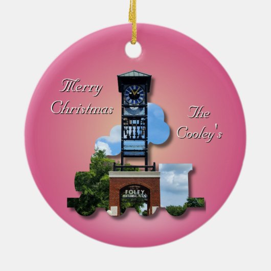 Personalisierter (rosa) Foley-Uhr-Turm und -Zug Keramik Ornament (Hinten)