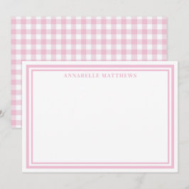 Personalisierter rosa Gingham-Monogramm-Name Mitteilungskarte