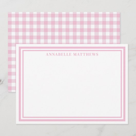 Personalisierter rosa Gingham-Monogramm-Name Mitteilungskarte (Vorne/Hinten)