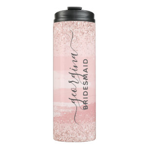 Personalisierter rosa Glitter-Brautjungfer-Tumbler Thermosbecher