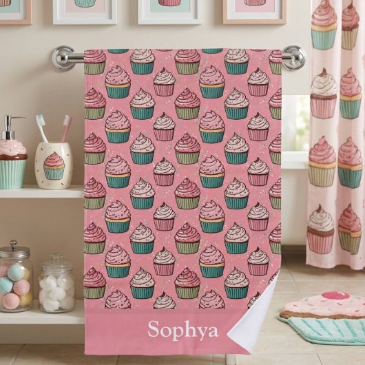 Personalisierter rosa Glitter-Cupcake Badehandtuch