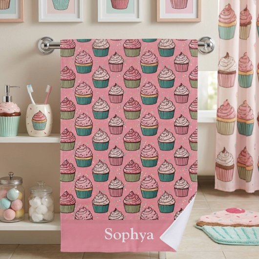 Personalisierter rosa Glitter-Cupcake Strandtuch