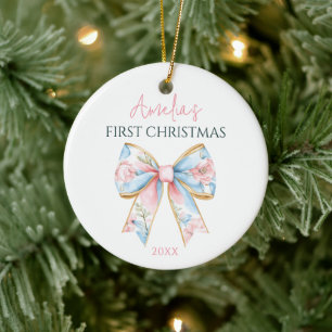 Personalisierter rosa Gold-Bogen Baby Mädchen 1. W Keramik Ornament