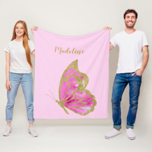 Personalisierter Rosa & Gold Schmetterling Fleecedecke