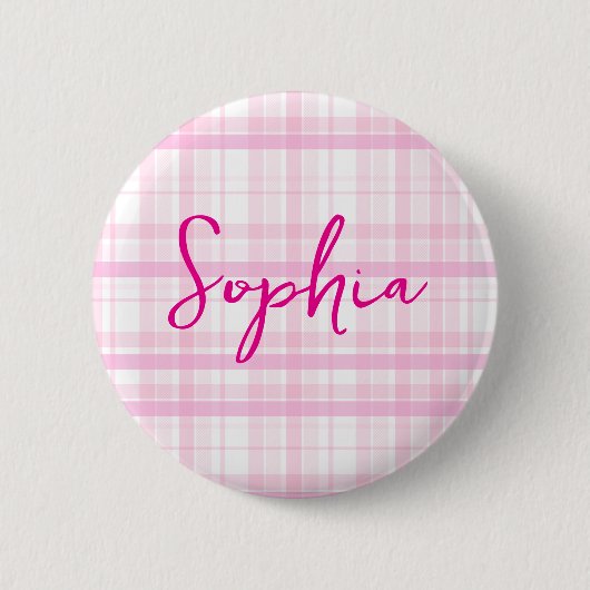 Personalisierter rosa karierter Knopf mit Namen Button (Vorderseite)