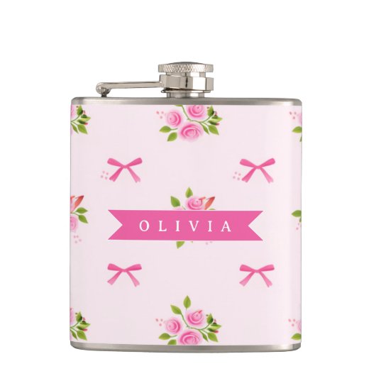 Personalisierter Rosa Kokette Mädchenname mit Blum Flachmann (Vorderseite)