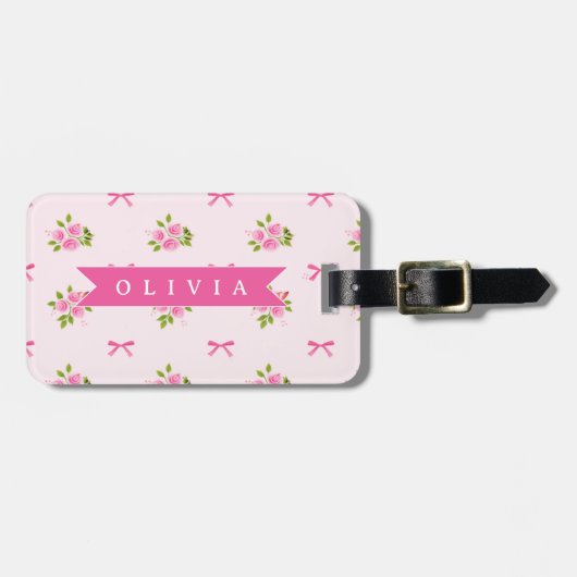 Personalisierter Rosa Kokette Mädchenname mit Blum Gepäckanhänger (Vorderseite horizontal)