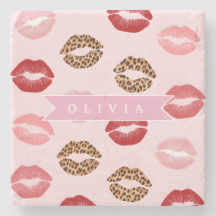 Personalisierter Rosa Leoparden-Lippen-Druck im Ch Steinuntersetzer