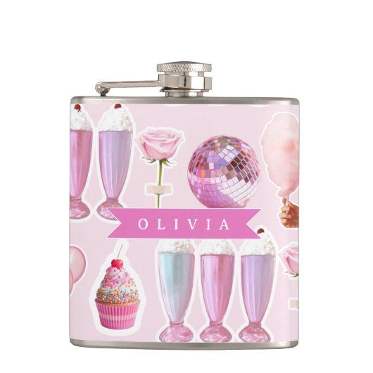 Personalisierter Rosa Retro-Milchshake Niedlich Co Flachmann (Vorderseite)