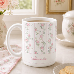 Personalisierter rosa Rosen-Blumenmonogramm-Becher Kaffeetasse