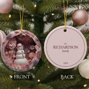 Personalisierter rosa Schneemann Weihnachten Keramik Ornament