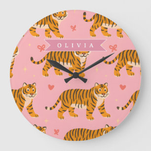 Personalisierter Rosa Tiger Chic Edgy Lustige Ästh Große Wanduhr