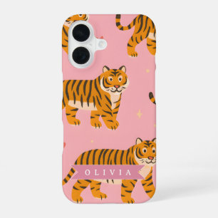 Personalisierter Rosa Tiger Chic Edgy Lustiger Sti iPhone 16 Hülle
