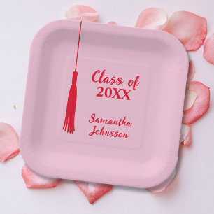Personalisierter rosa und roter Tassel-Abschluss Pappteller