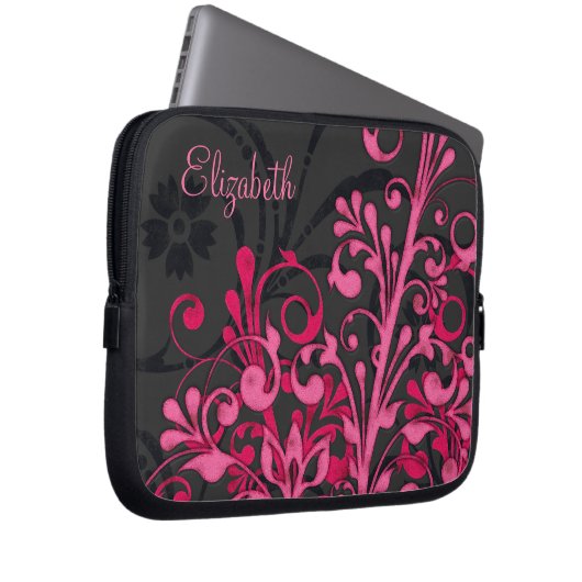 Personalisierter, rosa und schwarz-blumengeschoss laptopschutzhülle (Vorne Rechts)