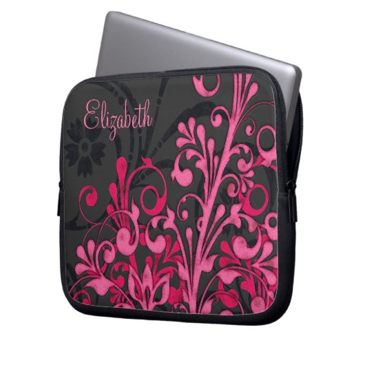 Personalisierter, rosa und schwarz-blumengeschoss laptopschutzhülle (Vorderseite Links)