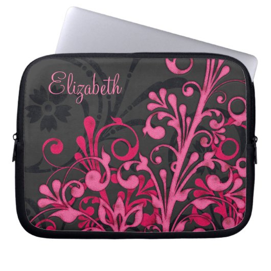Personalisierter, rosa und schwarz-blumengeschoss laptopschutzhülle (Vorderseite)