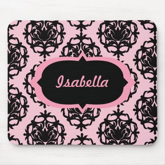 Personalisierter rosa und schwarzer Damast Mousepad (Vorne)