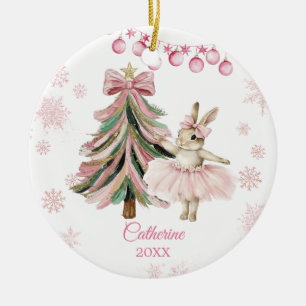 Personalisierter rosa Weihnachts-Hasen-Ballerina Keramik Ornament